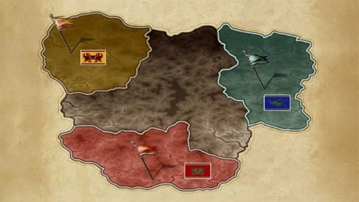 Mapa dos três reinos: Chunjo (norte), Jinno (leste) e Shinsoo (sul)