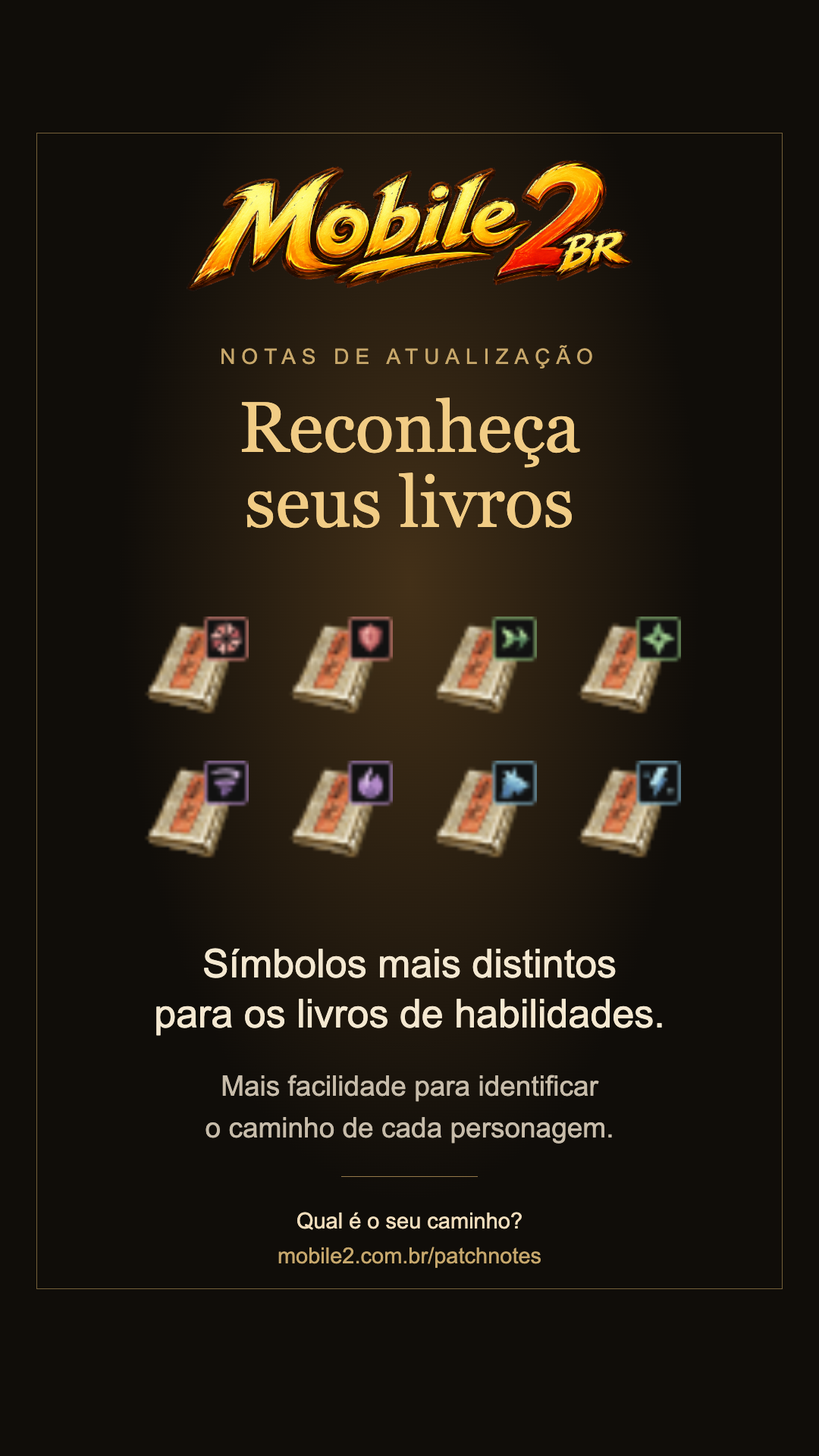 Oito ícones reais de livros de habilidades com símbolos diferentes para Guerreiro, Ninja, Sura e Shaman.