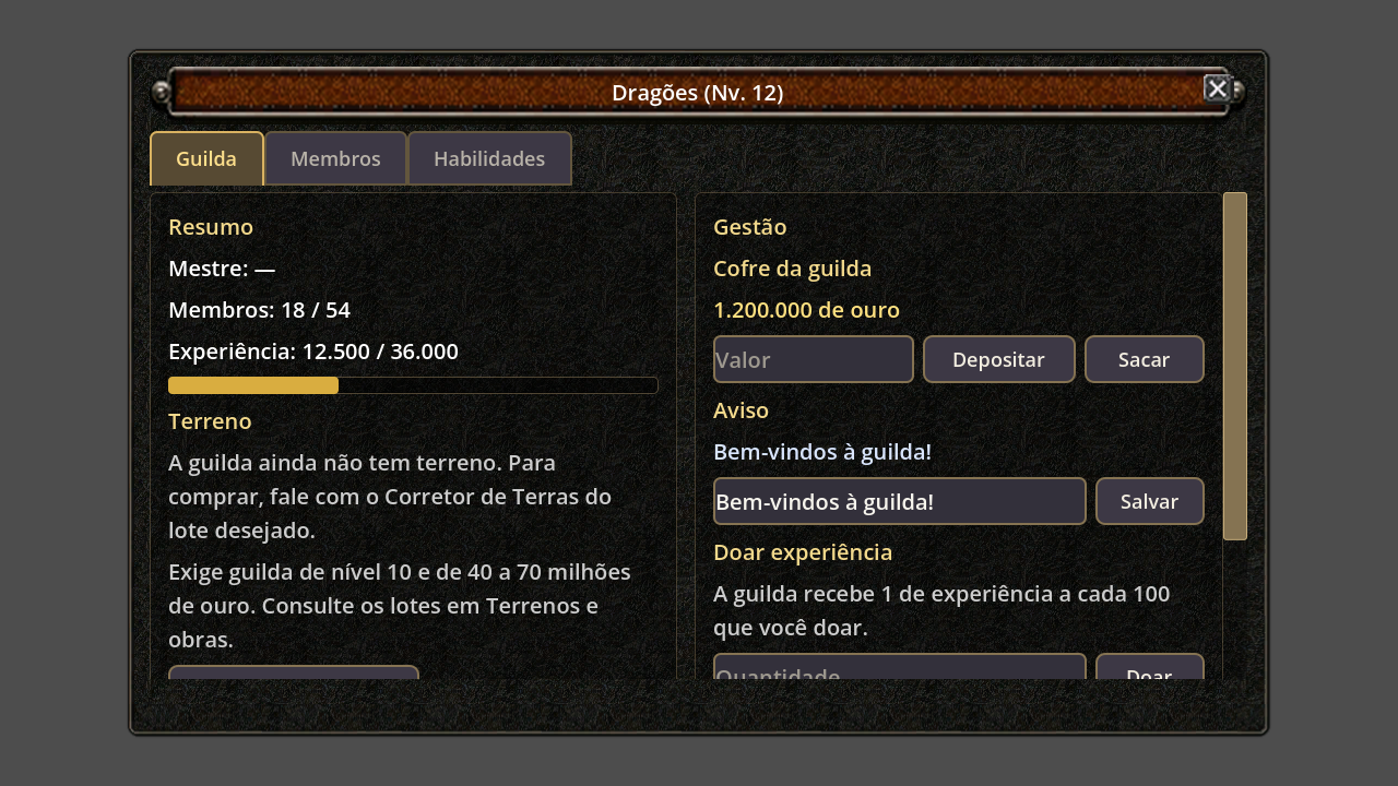 Tela atual da guilda com dados de exemplo, mostrando resumo, terreno, cofre, aviso e doação de experiência.